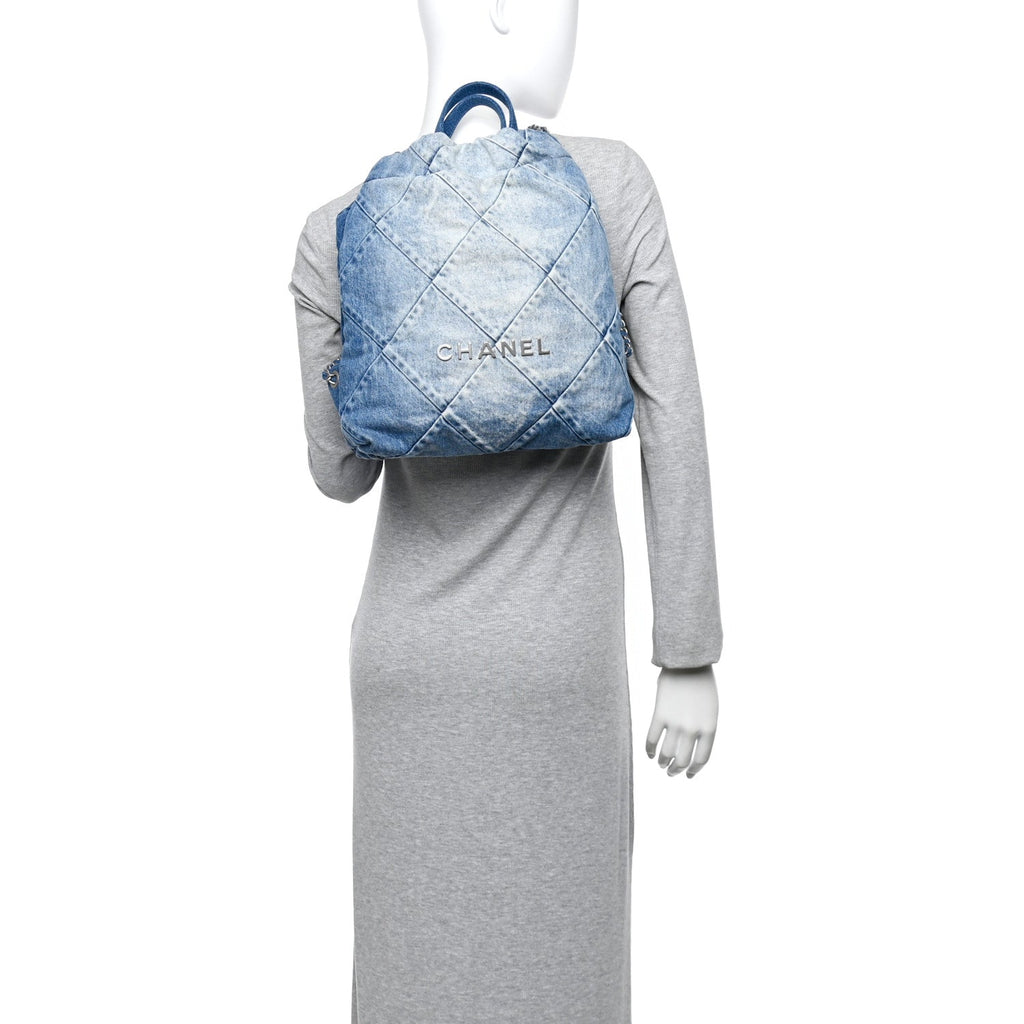 Chanel Denim Quilted Chanel 22 Backpack Blue