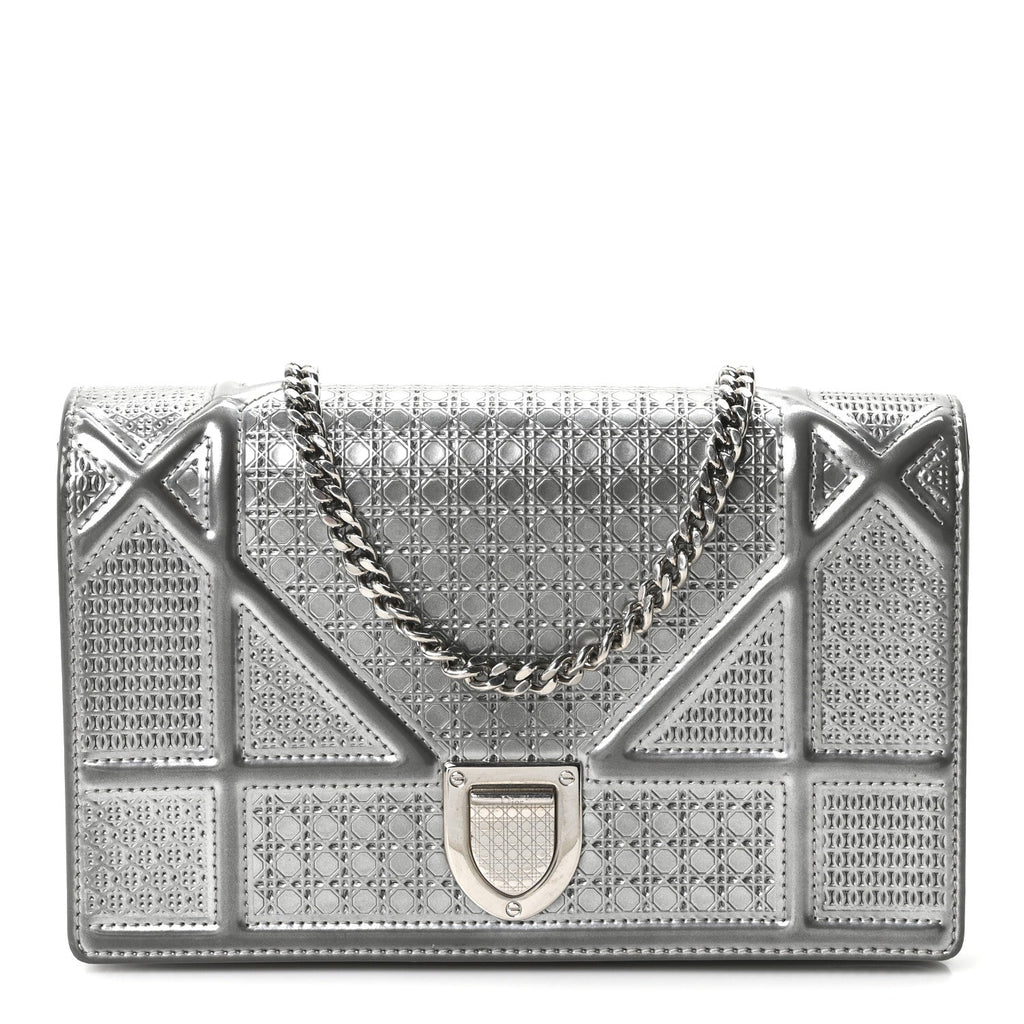 Christian Dior Metallic Patent Micro-Cannage Diorama Wallet on Chain Pouch Silver