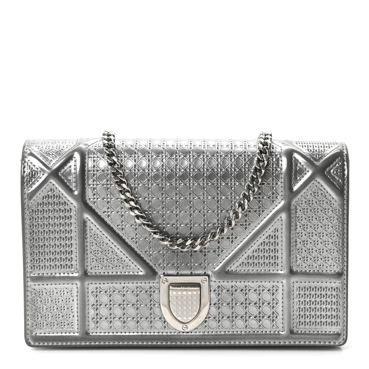 Christian Dior Metallic Patent Micro-Cannage Diorama Wallet on Chain Pouch Silver