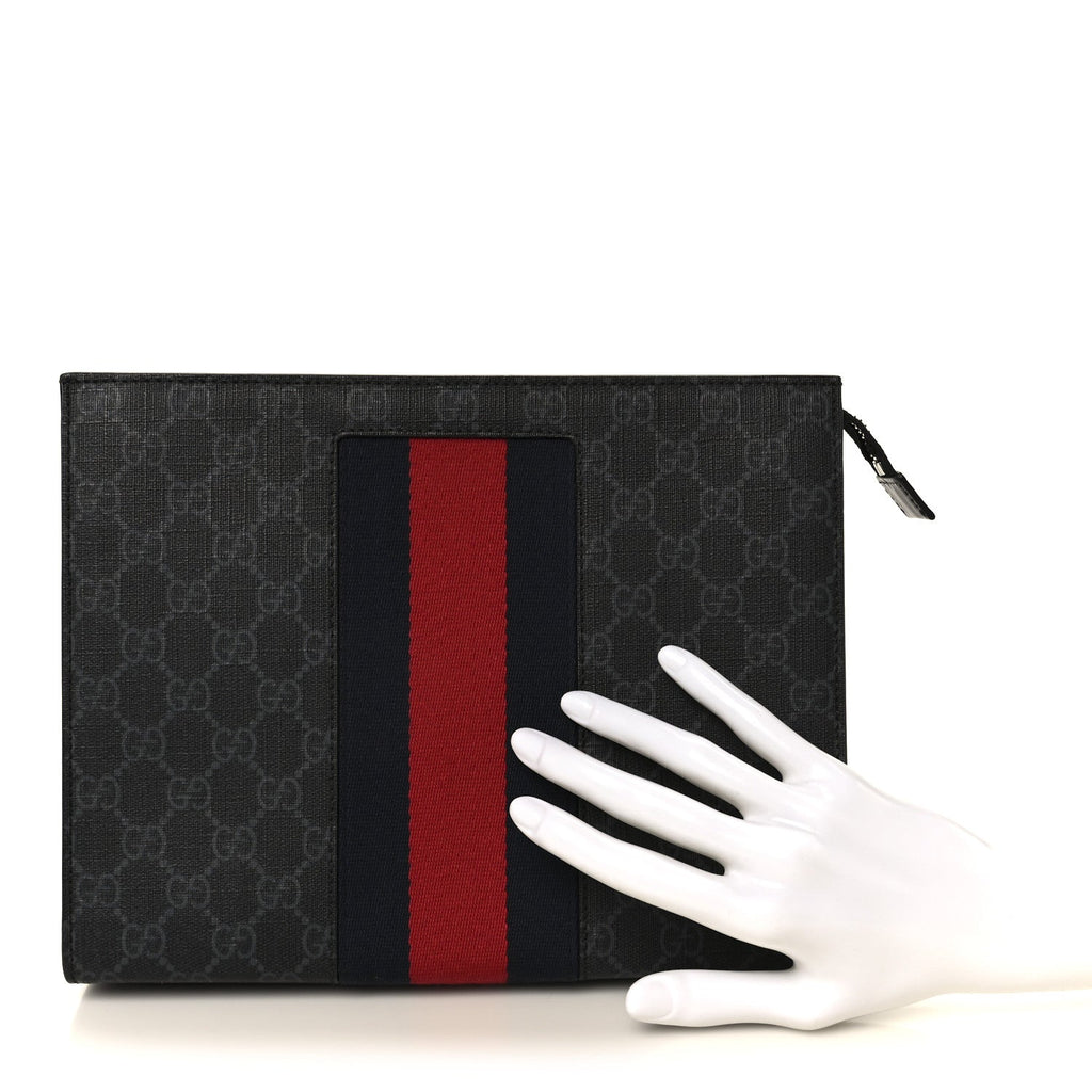 Gucci GG Supreme Monogram Selleria Calfskin Web New Web Cosmetic Case Black