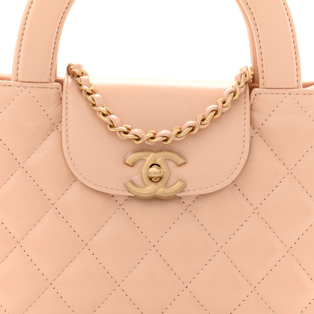 Chanel Shiny Aged Calfskin Quilted Nano Kelly Shopper Beige