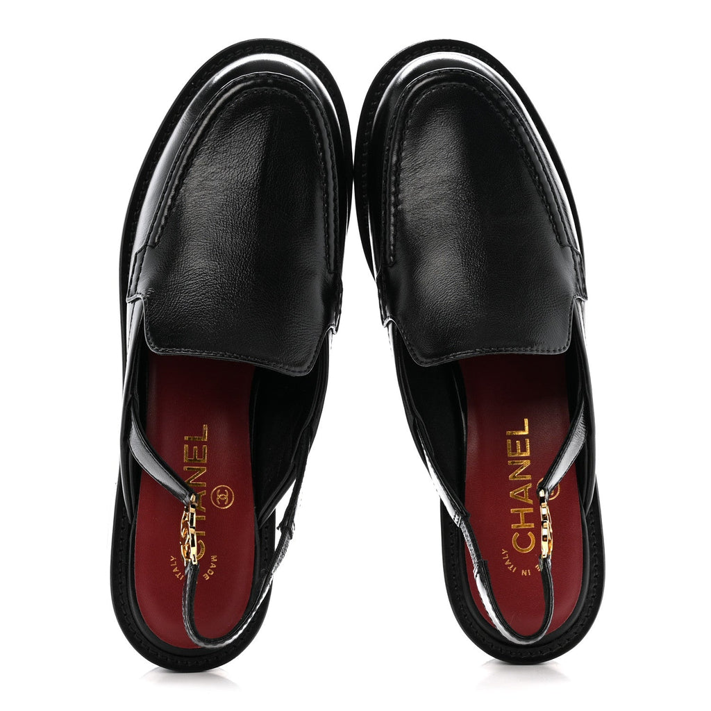 Glazed Calfskin CC Slingback Flats 38.5 Black
