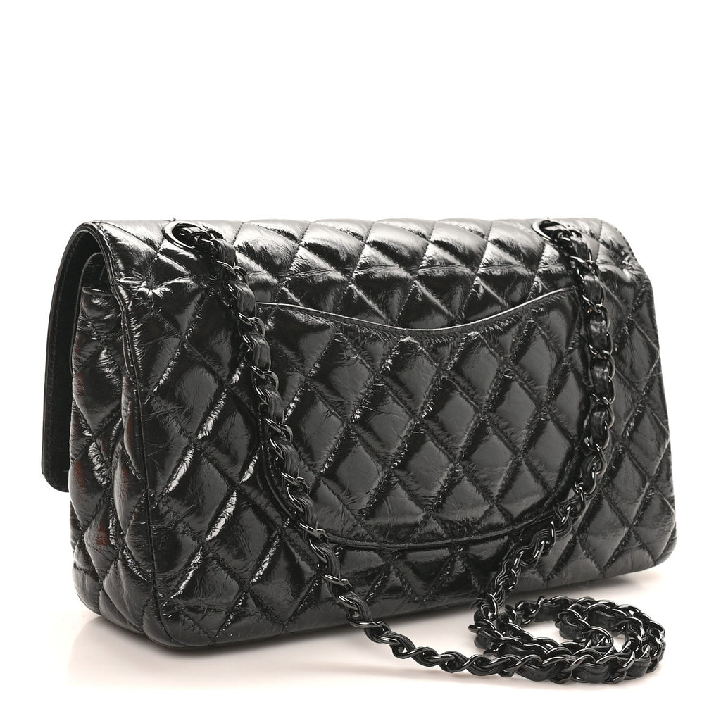 Chanel Shiny Crumpled Calfskin Quilted Medium Double Flap So Black