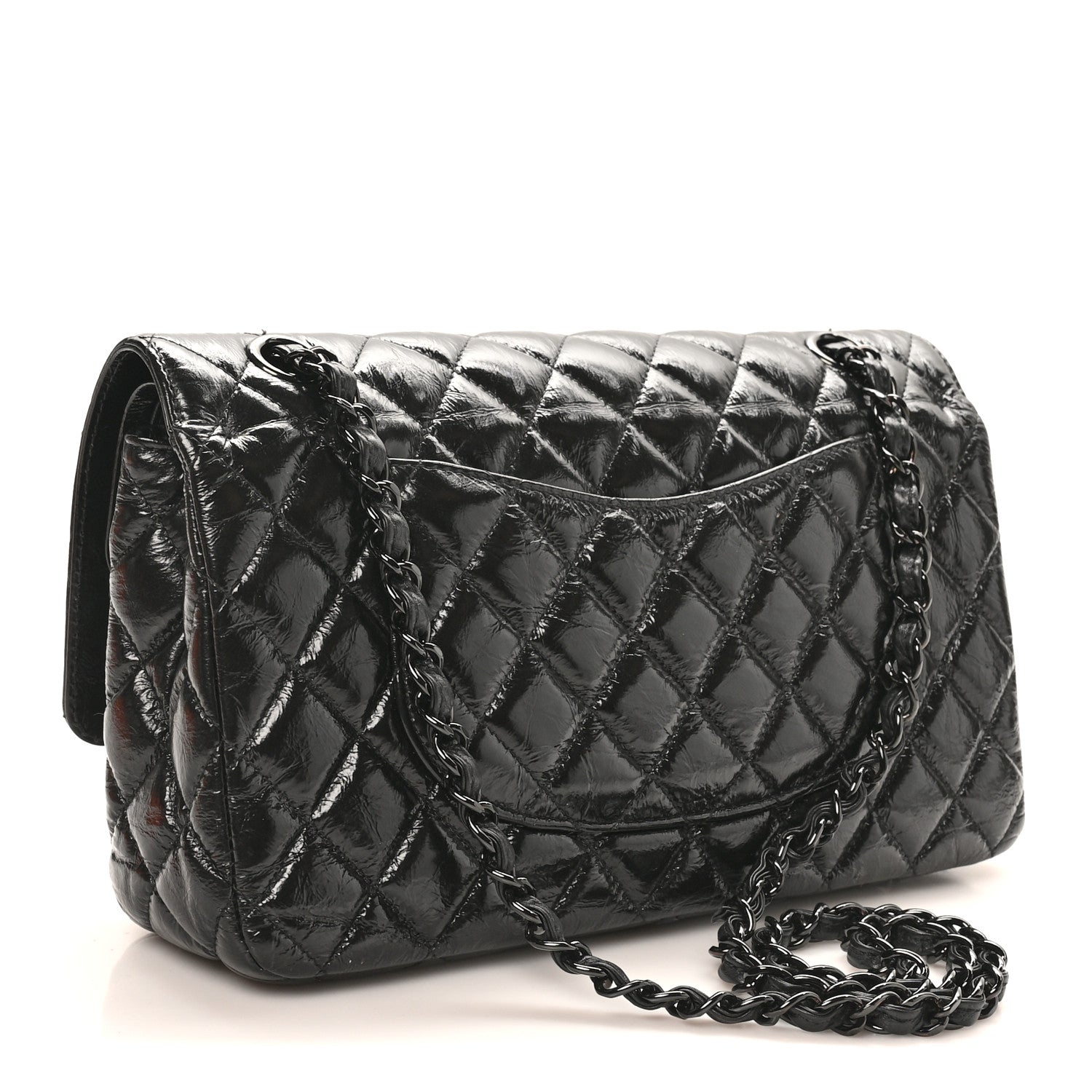 Chanel Shiny Crumpled Calfskin Quilted Medium Double Flap So Black