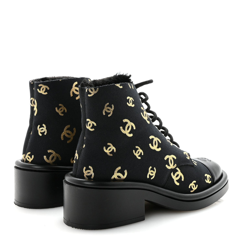 Lambskin Shearling Canvas CC Lace Up Boots 36.5 Black Gold