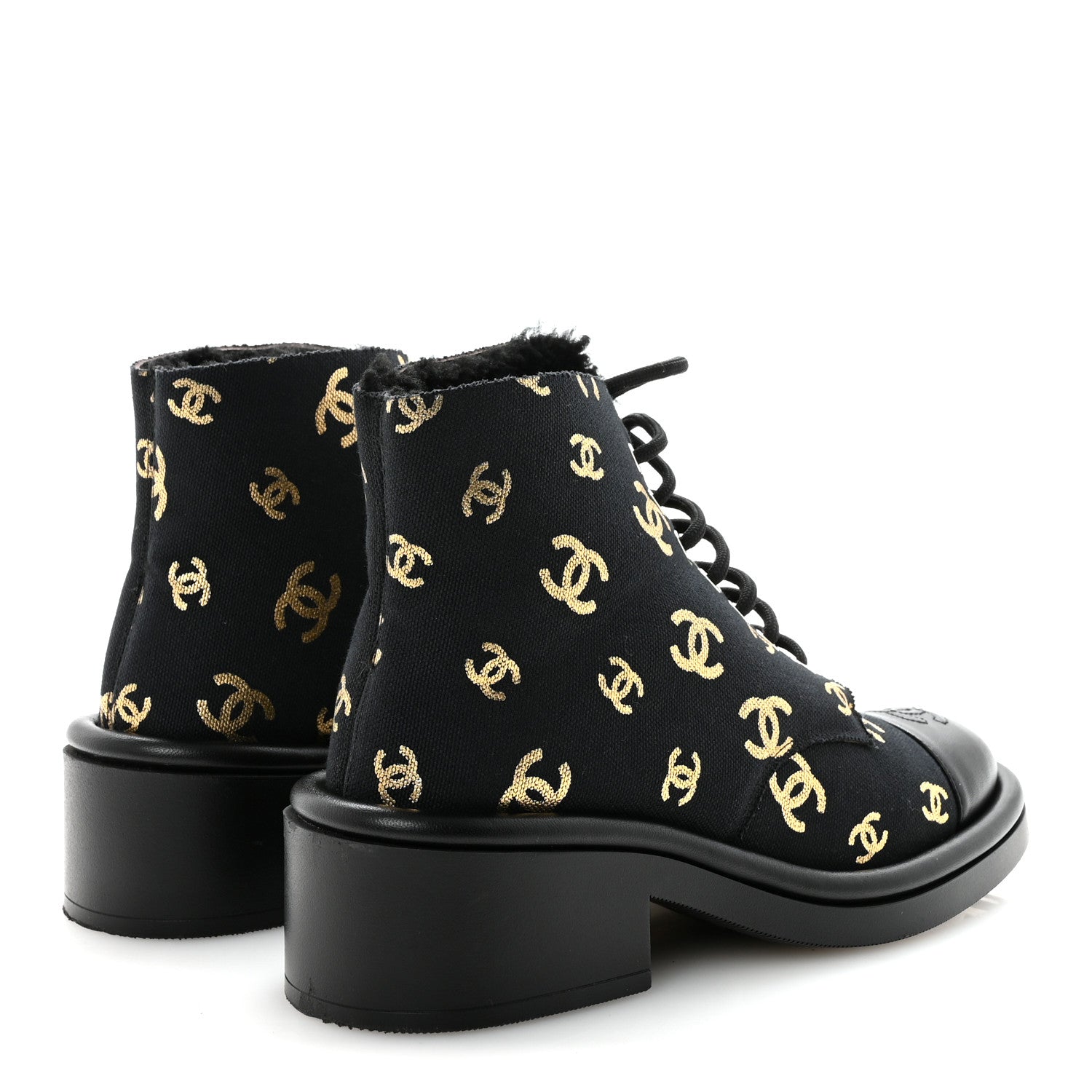 Lambskin Shearling Canvas CC Lace Up Boots 36.5 Black Gold