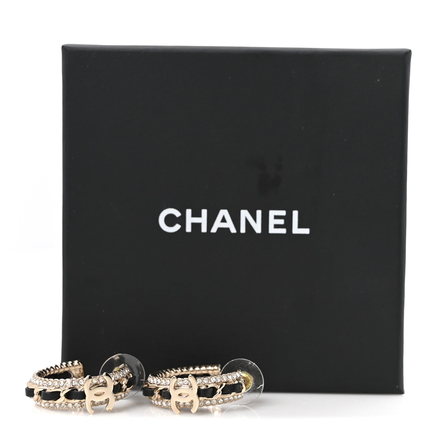Lambskin Crystal Chain Chanel Strass CC Earrings Black Gold