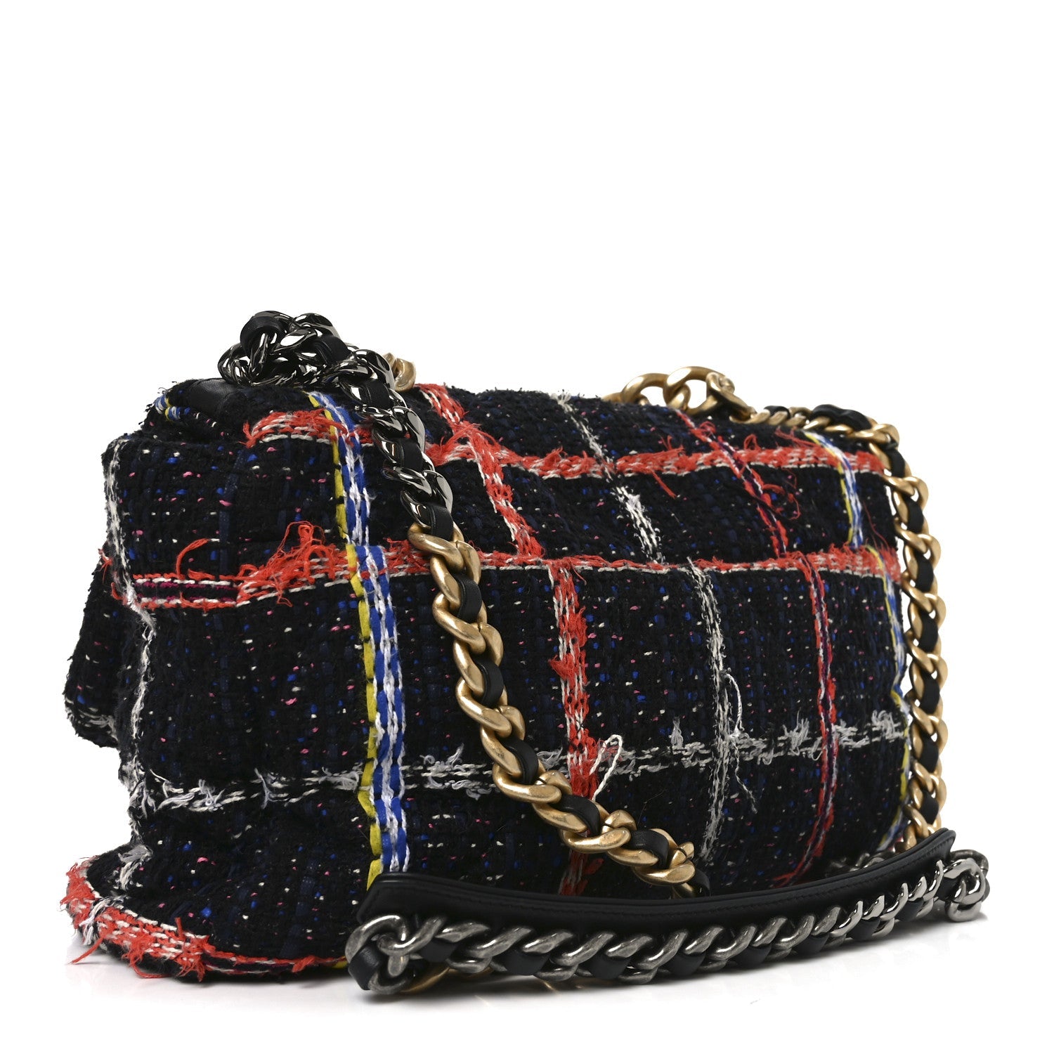 Chanel Tweed Quilted Large Chanel 19 Flap Black Orange Blue