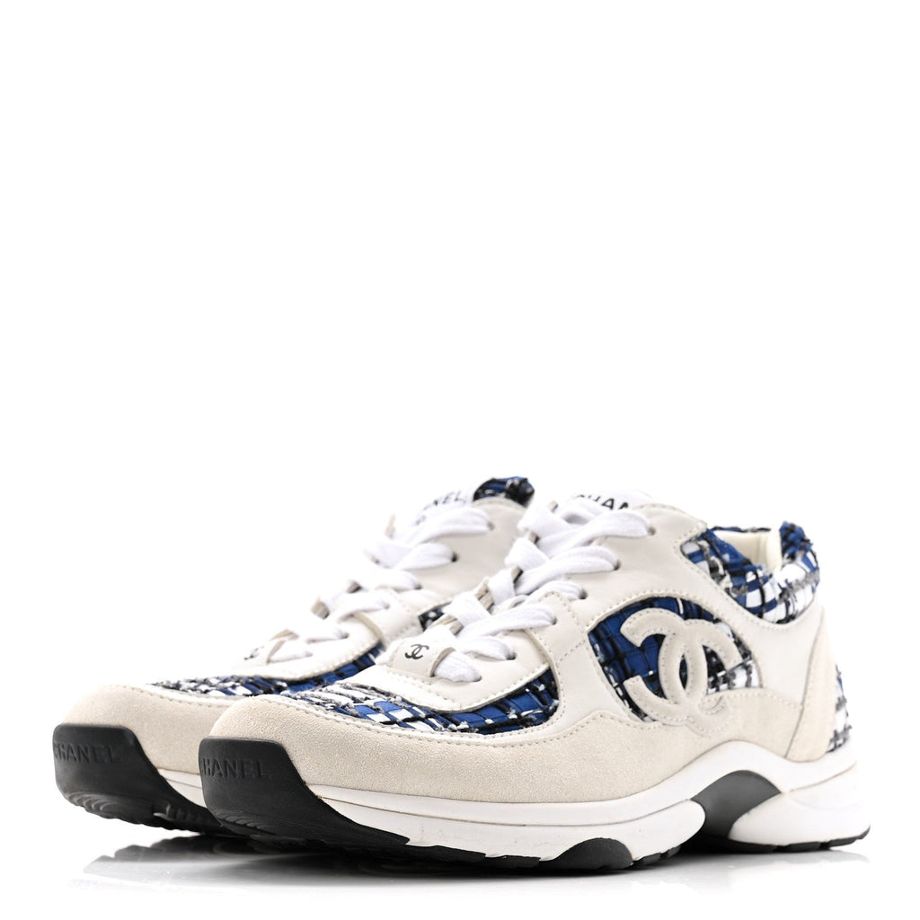 Chanel Tweed Suede Calfskin Womens CC Sneakers 38 Dark Blue Black Grey White