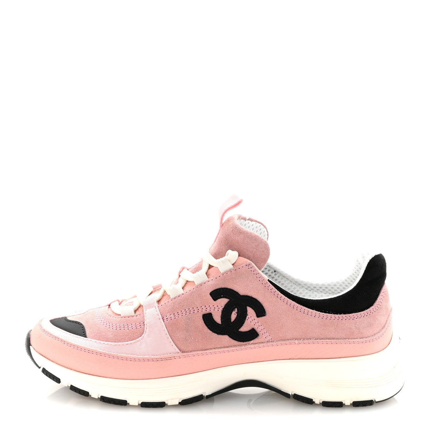 Chanel Suede Calfskin Grosgrain Womens CC Sneakers 39.5 Light Pink Black