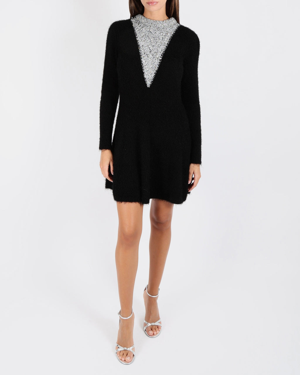 Chanel Black Silk and Cashmere Blend Long-Sleeved Mini Dress with Silver Sequin Embellished Neckline and Back Crystal CC Logo Size FR 38 (UK 10)
