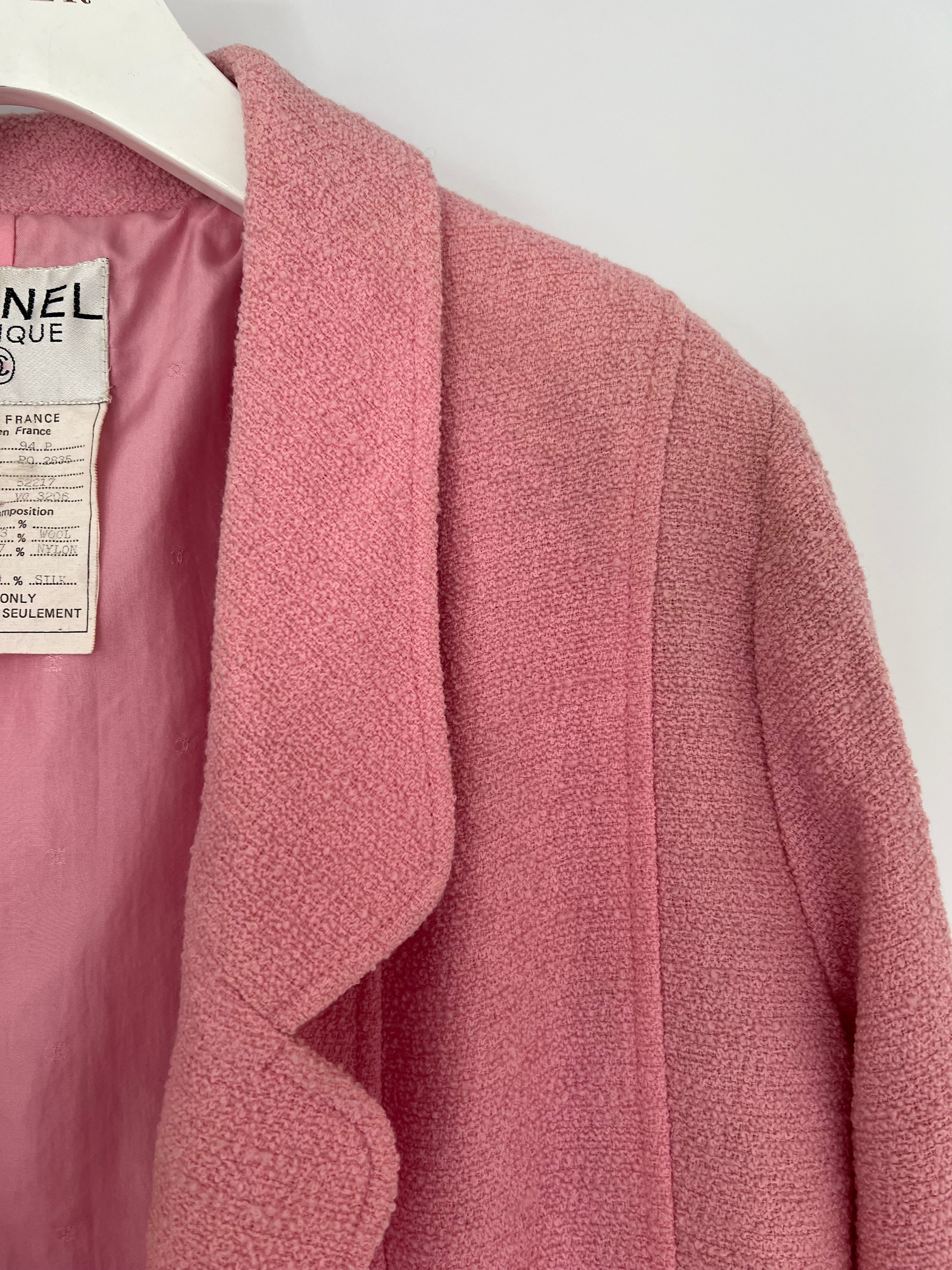 Chanel 94/P Pink Longline Tweed Jacket with Gold CC Logo Button Details, Size FR 40 (UK 12)