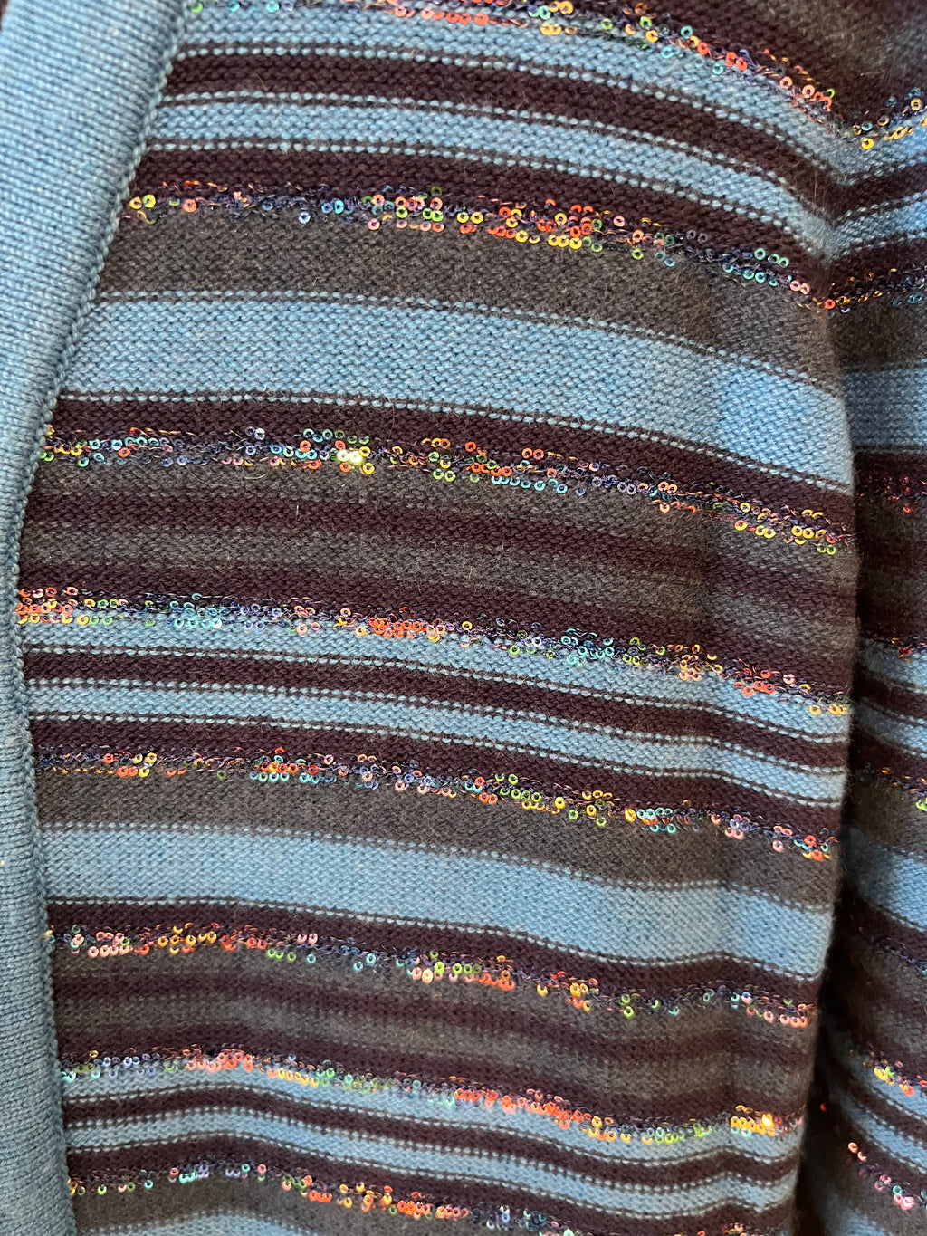 Chanel 20C Blue and Navy Cashmere Striped Long Cardigan with Multicolour Sequins Detail and Silver Camellia CC Buttons Size FR 36 (UK 8)