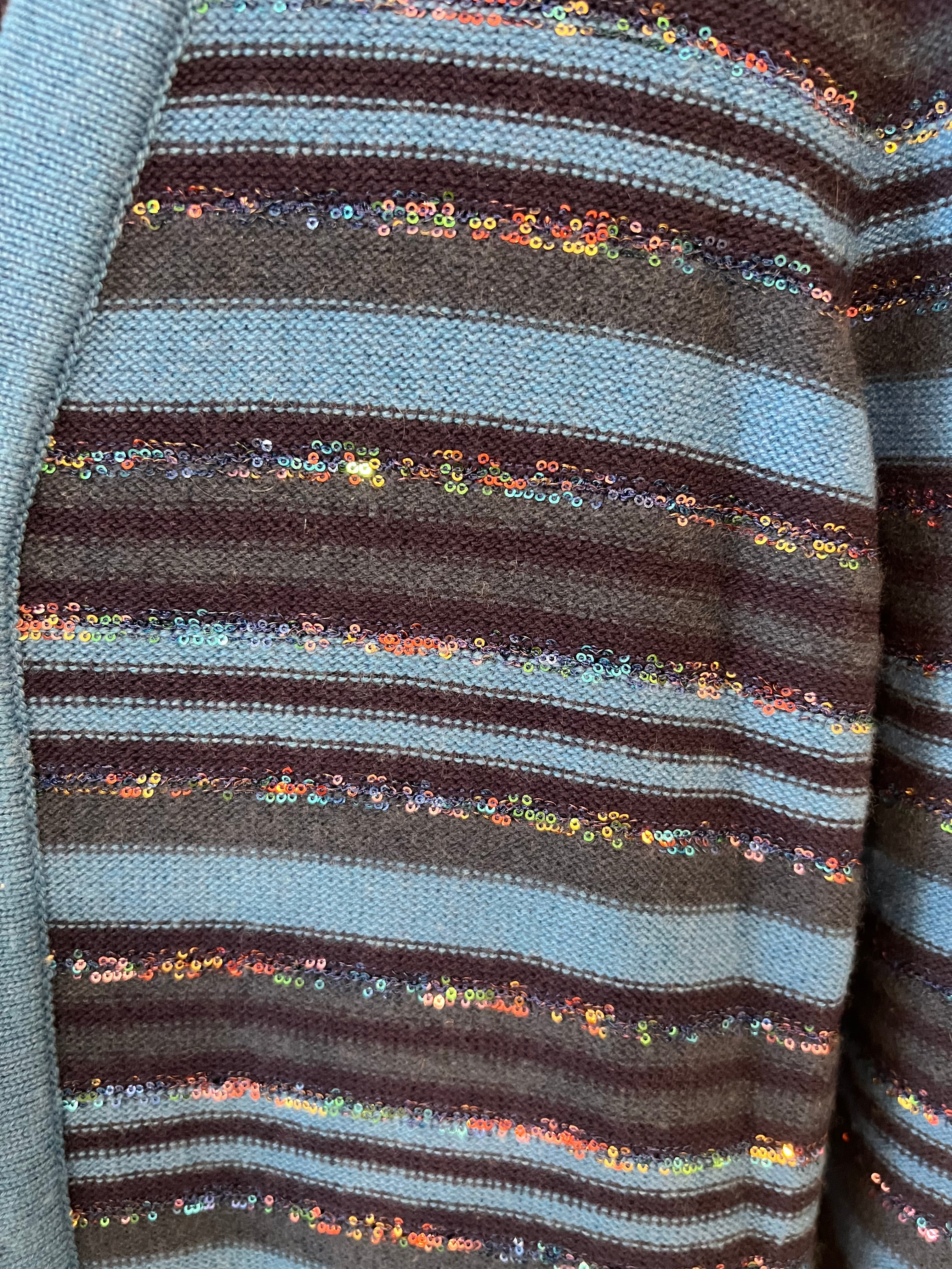 Chanel 20C Blue and Navy Cashmere Striped Long Cardigan with Multicolour Sequins Detail and Silver Camellia CC Buttons Size FR 36 (UK 8)