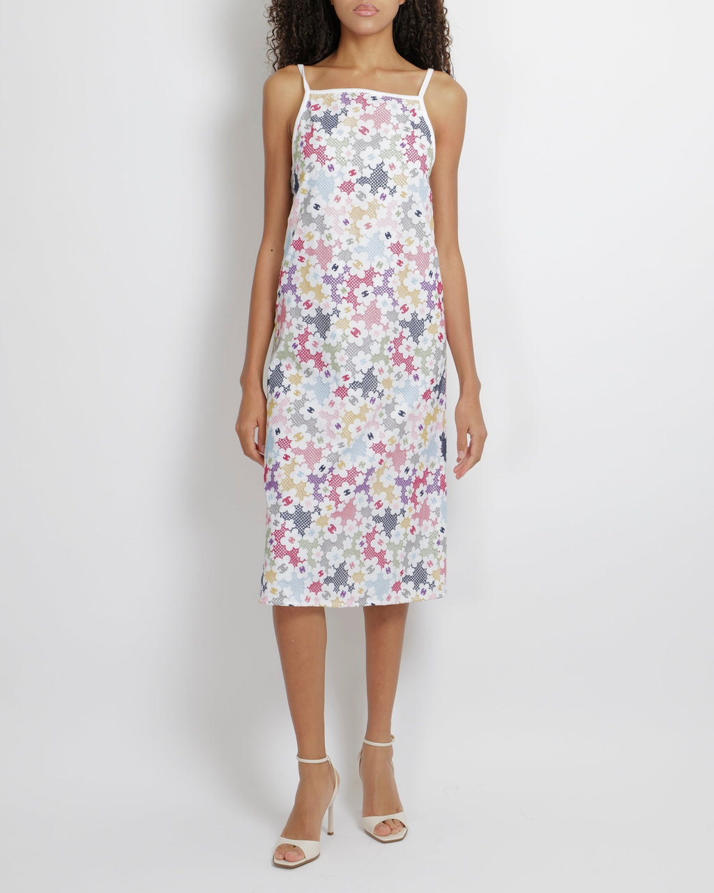 Chanel Pre-Spring 2024 White and Multicolour Embroidered Floral CC Logo Midi Dress Size FR 38 (UK 10)