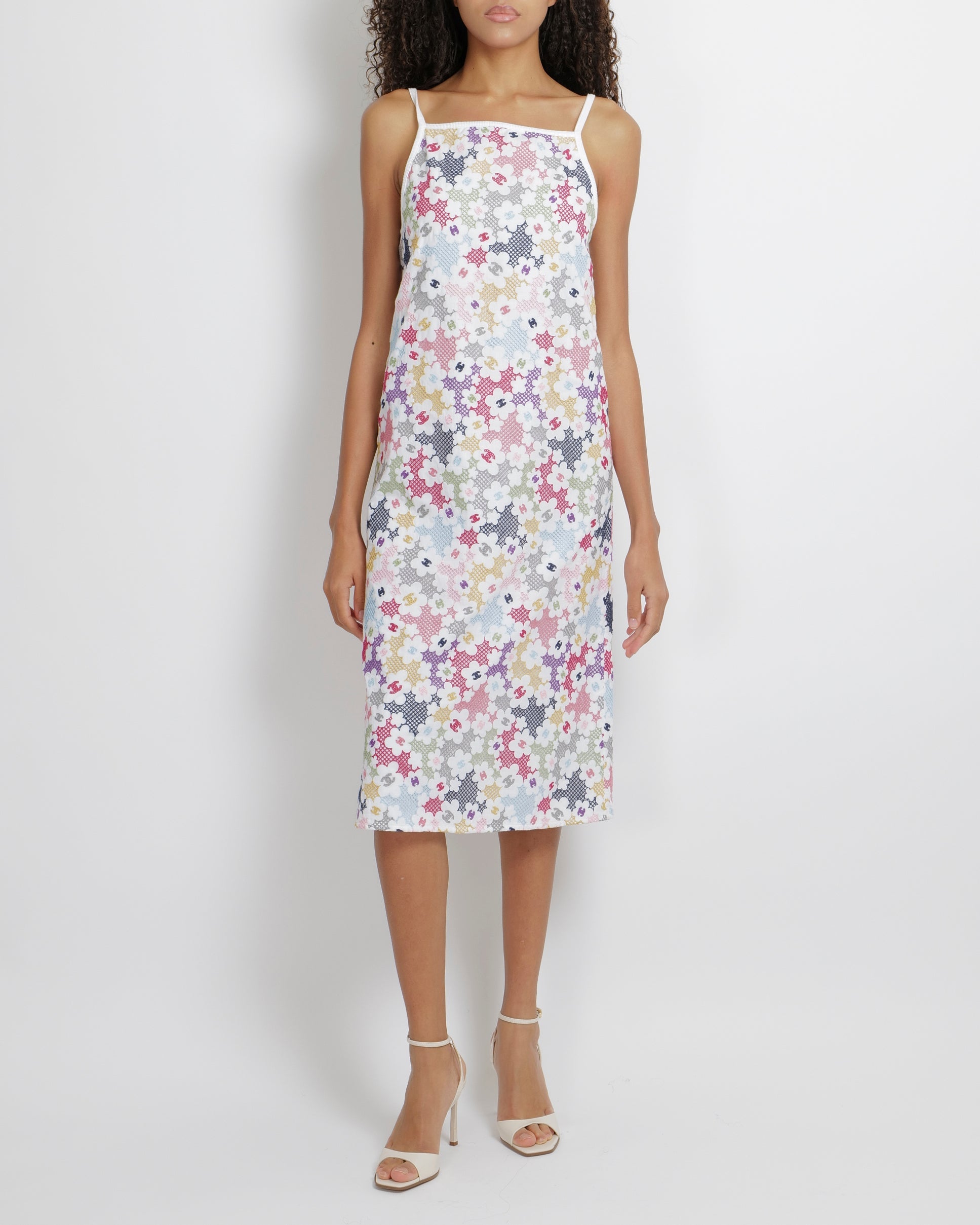 Chanel Pre-Spring 2024 White and Multicolour Embroidered Floral CC Logo Midi Dress Size FR 38 (UK 10)
