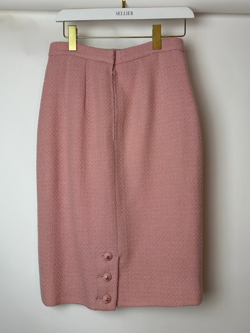 Chanel 93C Pink Tweed Skirt and Jacket Set with Logo Buttons and Pocket Detail FR 38 (UK 10)