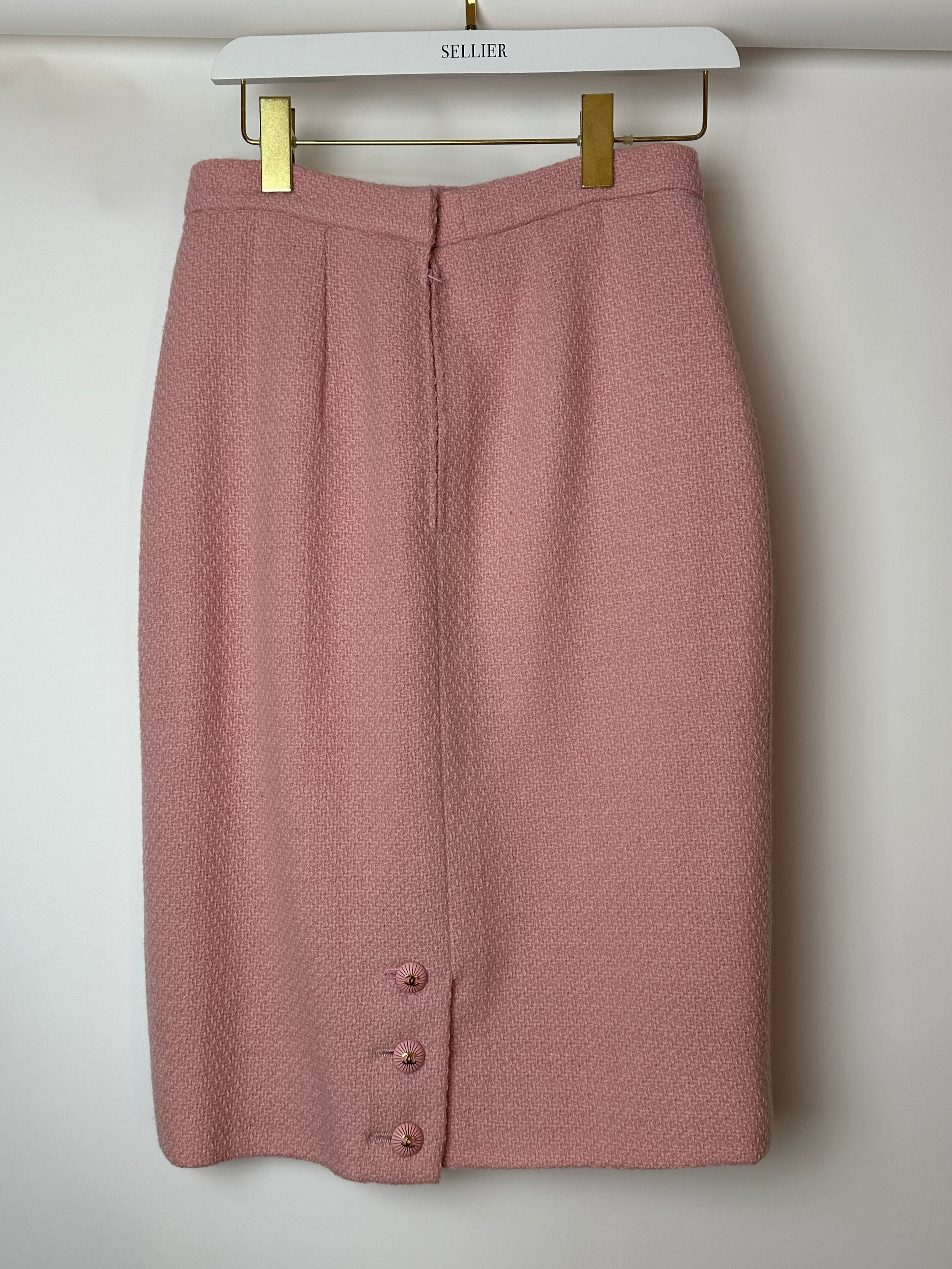 Chanel 93C Pink Tweed Skirt and Jacket Set with Logo Buttons and Pocket Detail FR 38 (UK 10)