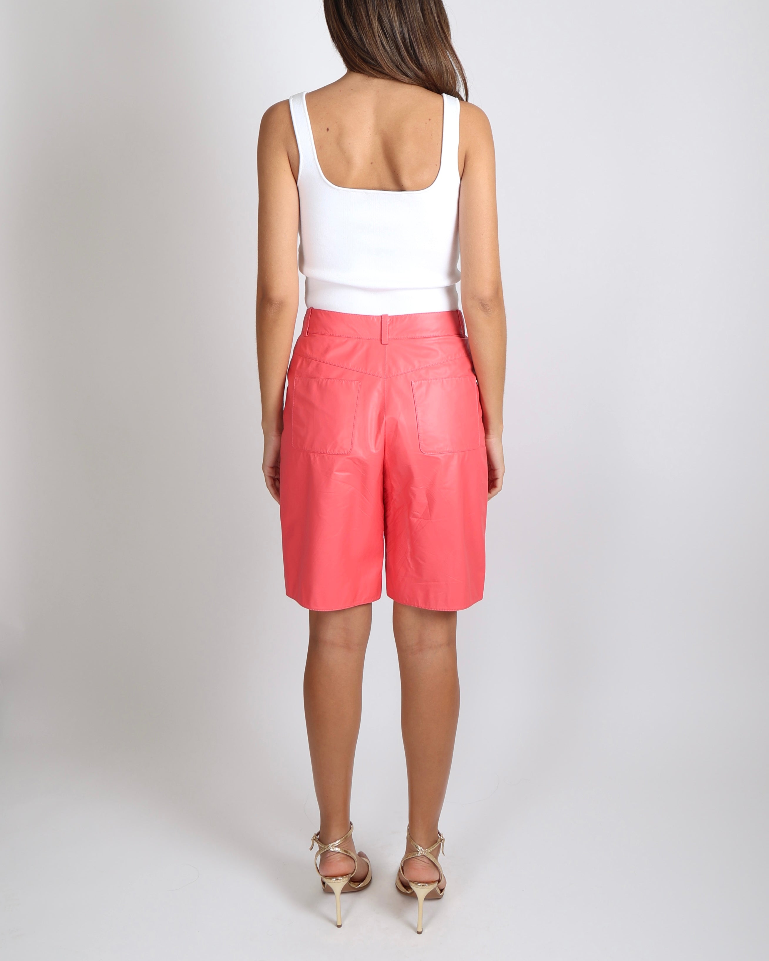 Chanel 21 Cruise Pink Calfskin Bermuda Shorts with Gold CC Logo Buttons Size FR 38 (UK 10)