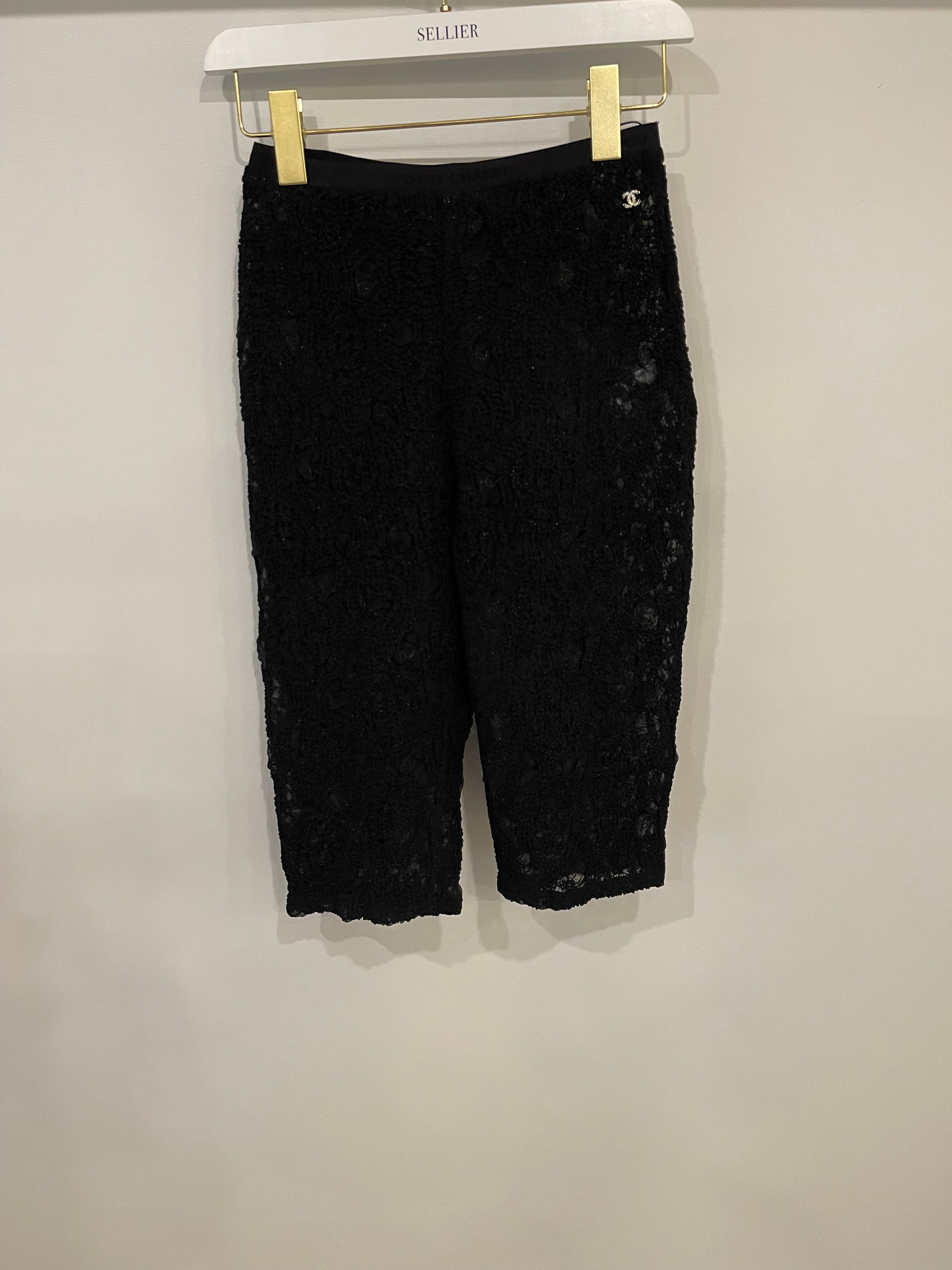 Chanel Black Lace Tulle Top and Cyclist Shorts Set with Camellia Details and Crystal CC Logos Size FR 34 (UK 6)