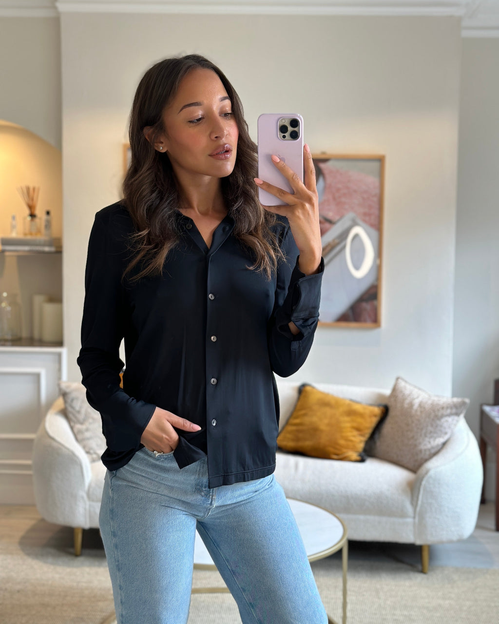Gucci Navy Long Sleeve Stretch Shirt with Pearl Button Details IT 42 (UK 10)