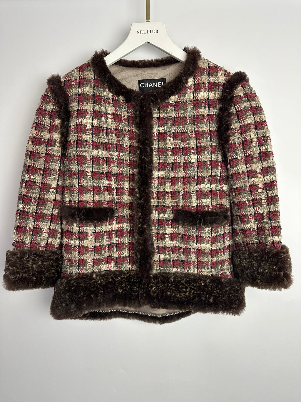 Chanel Red, Beige and Grey Tweed Jacket with Rabbit Fur Trim Detail Size FR 36 (UK 8)