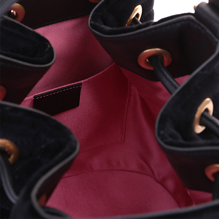 GUCCI GG Marmont Gold Label Logo Velvet Drawstring Bucket Bag Chain Handbag Black 525081-9FRDT-1000