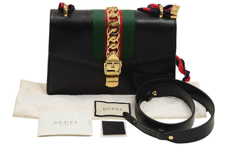 (WMNS) GUCCI Sylvie Gold buckle Stripe Webbing Bow Wide Version Leather handbag Small Black 421882CVLEG-8638