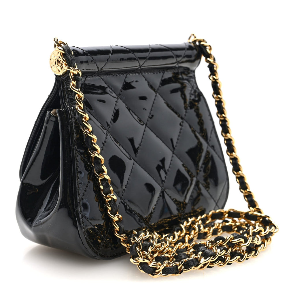 Chanel Patent Quilted Frame Clutch Flap With Chain Black