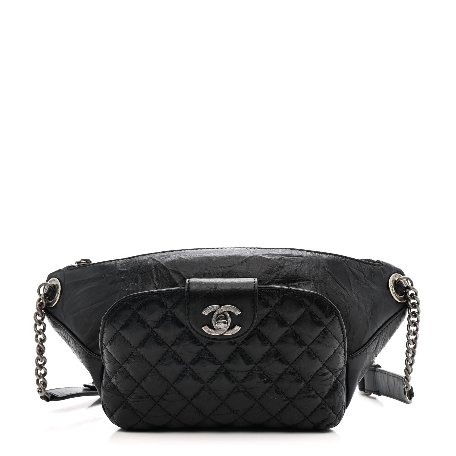 Crumpled Calfskin Quilted Casual Rock Waist Bag Fanny Pack Black