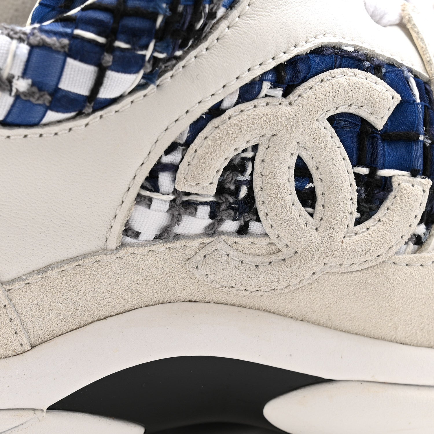 Chanel Tweed Suede Calfskin Womens CC Sneakers 38 Dark Blue Black Grey White