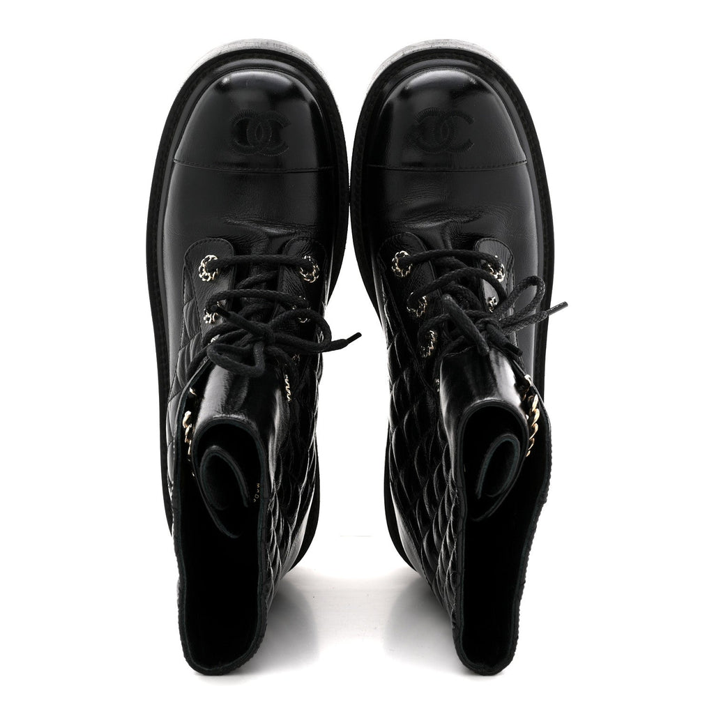 Chanel Shiny Goatskin Calfskin Quilted Lace Up Combat Boots 38.5 Black