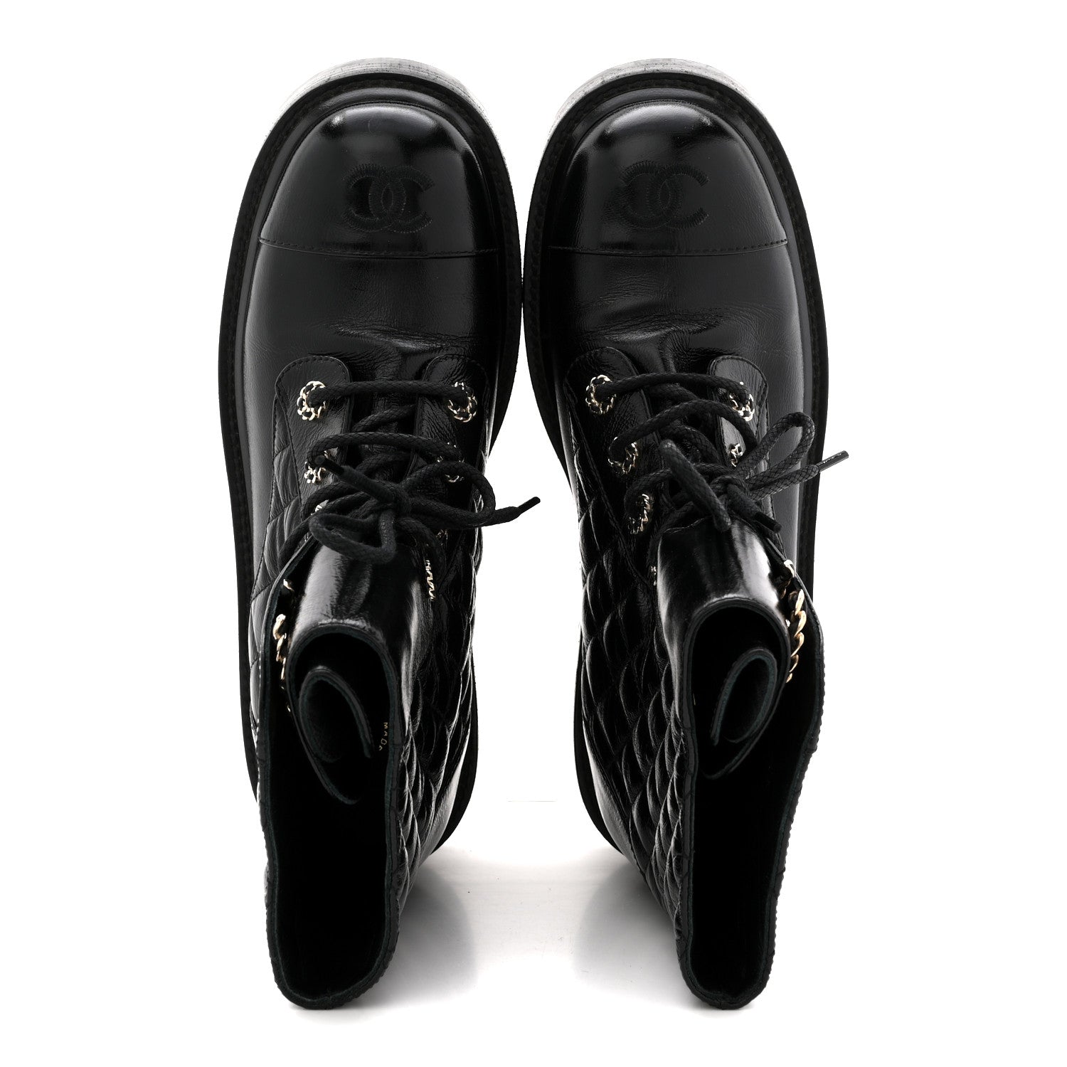 Chanel Shiny Goatskin Calfskin Quilted Lace Up Combat Boots 38.5 Black