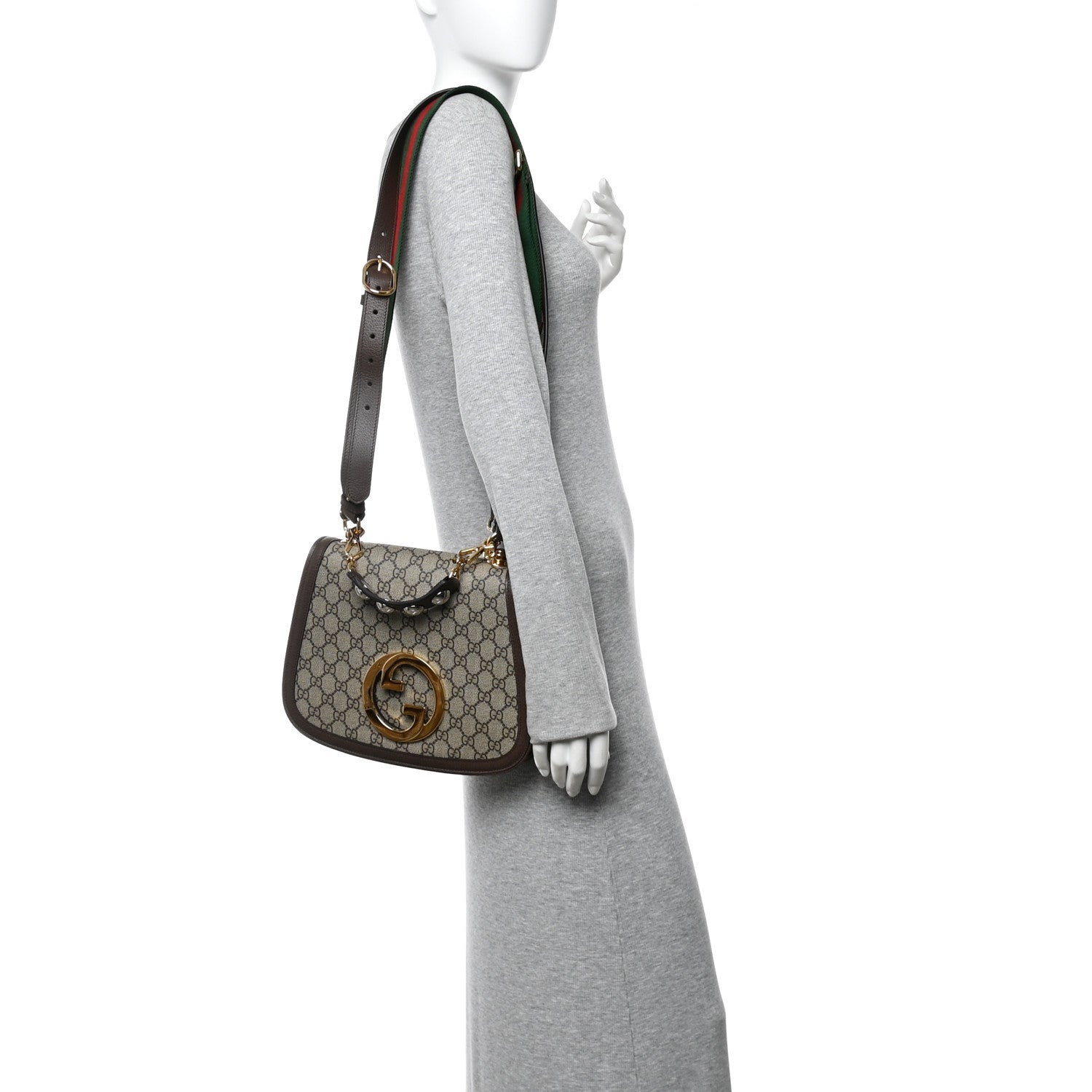 Gucci GG Supreme Monogram Textured Dollar Calfskin Web Medium Blondie Top Handle Shoulder Flap Bag Beige Ebony New Acero