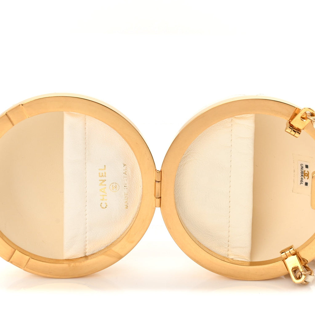 Chanel Lambskin Quilted Sphere Minaudiere Chain Clutch White