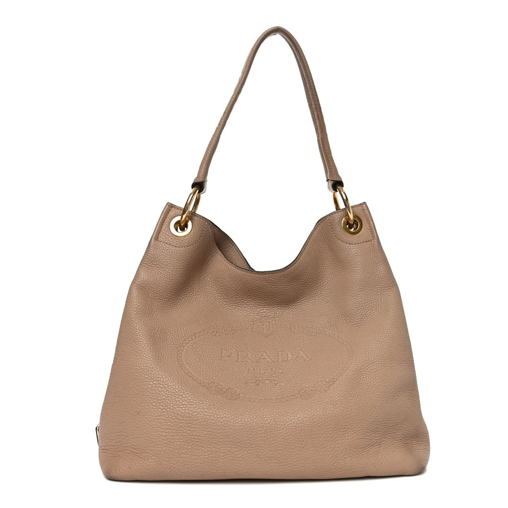 Prada Vitello Phenix Embossed Logo Hobo Caramel