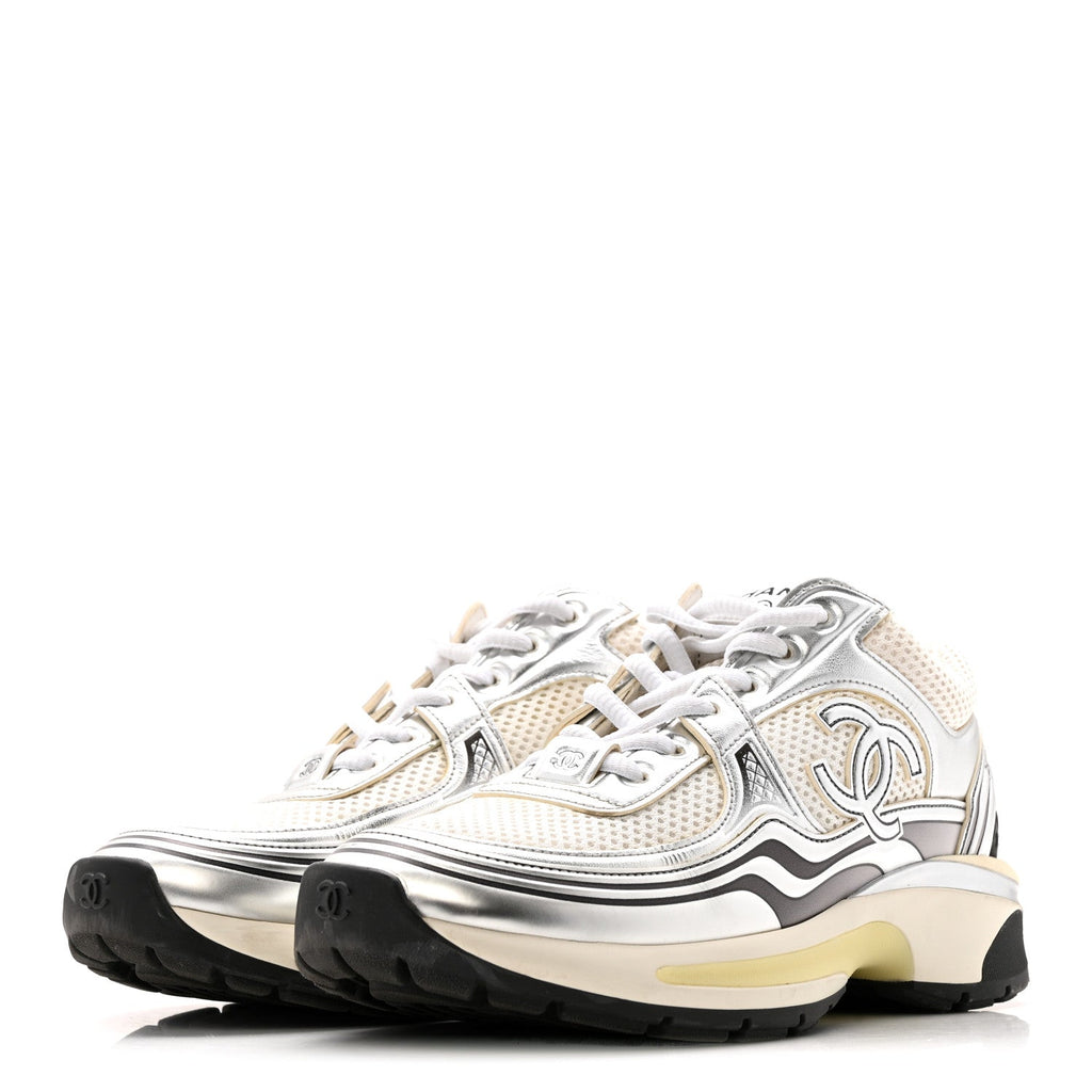 Fabric Laminated Calfskin Stretch CC Womens Sneakers 36 White Silver