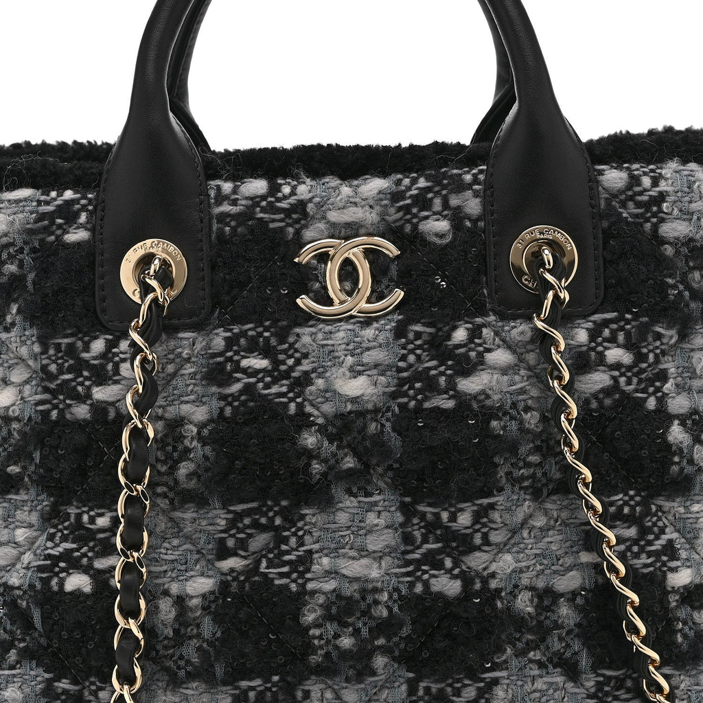 Chanel Tweed Shearling Quilted Lambskin Shopping Tote  Black Grey
