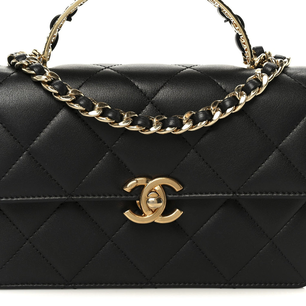Chanel Shiny Calfskin Quilted Mini Metal Top Handle Flap Black