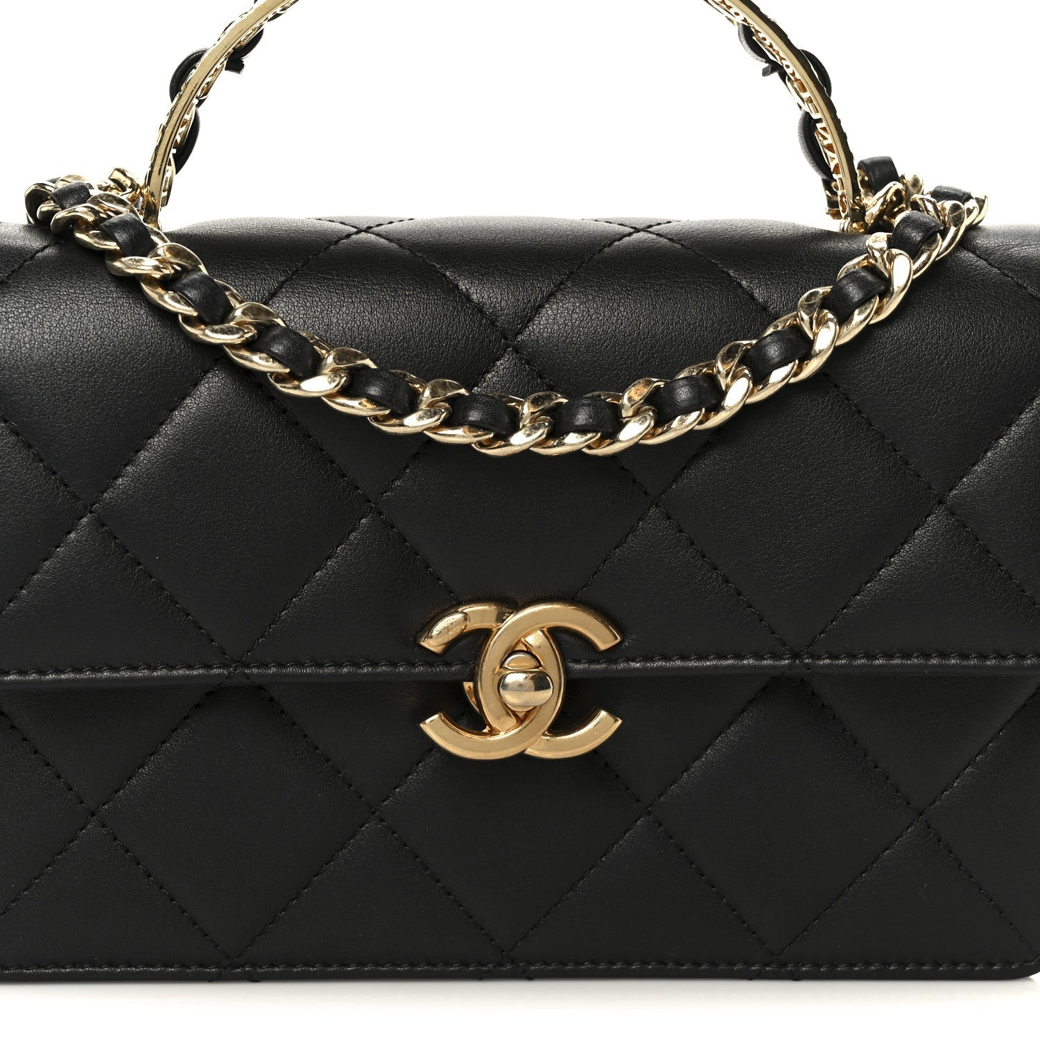 Chanel Shiny Calfskin Quilted Mini Metal Top Handle Flap Black