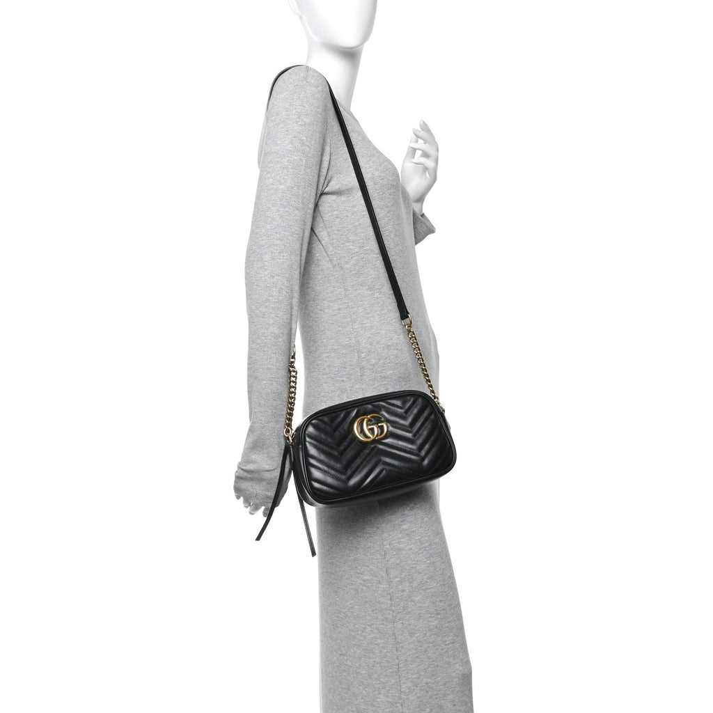 Gucci Calfskin Matelasse Small GG Marmont Chain Shoulder Bag Black