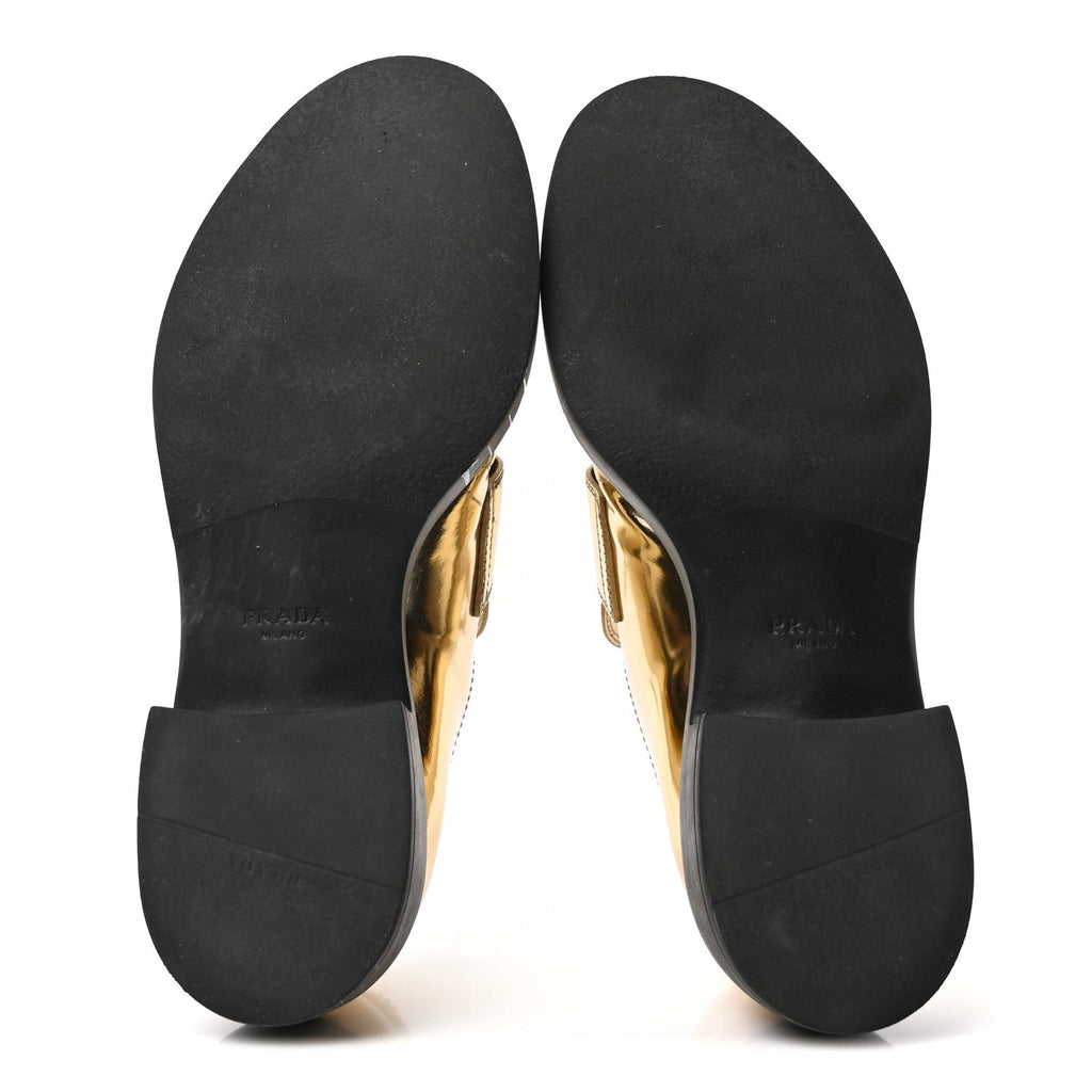Prada Metallic Brushed Calfskin Metal Triangle Logo 50mm Loafers 39.5 Platino