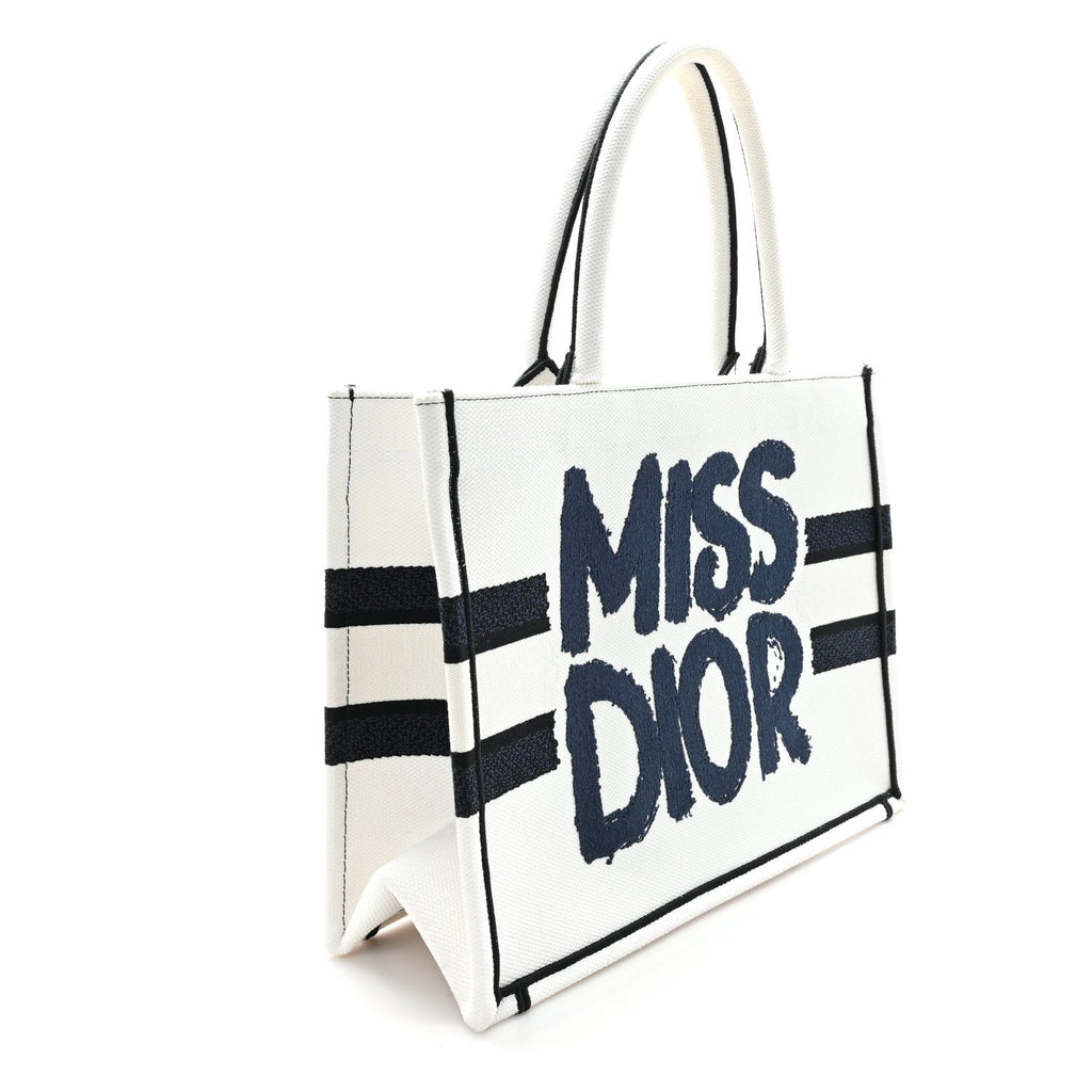 Christian Dior Canvas Embroidered Medium Miss Dior Graffiti Book Tote Navy White