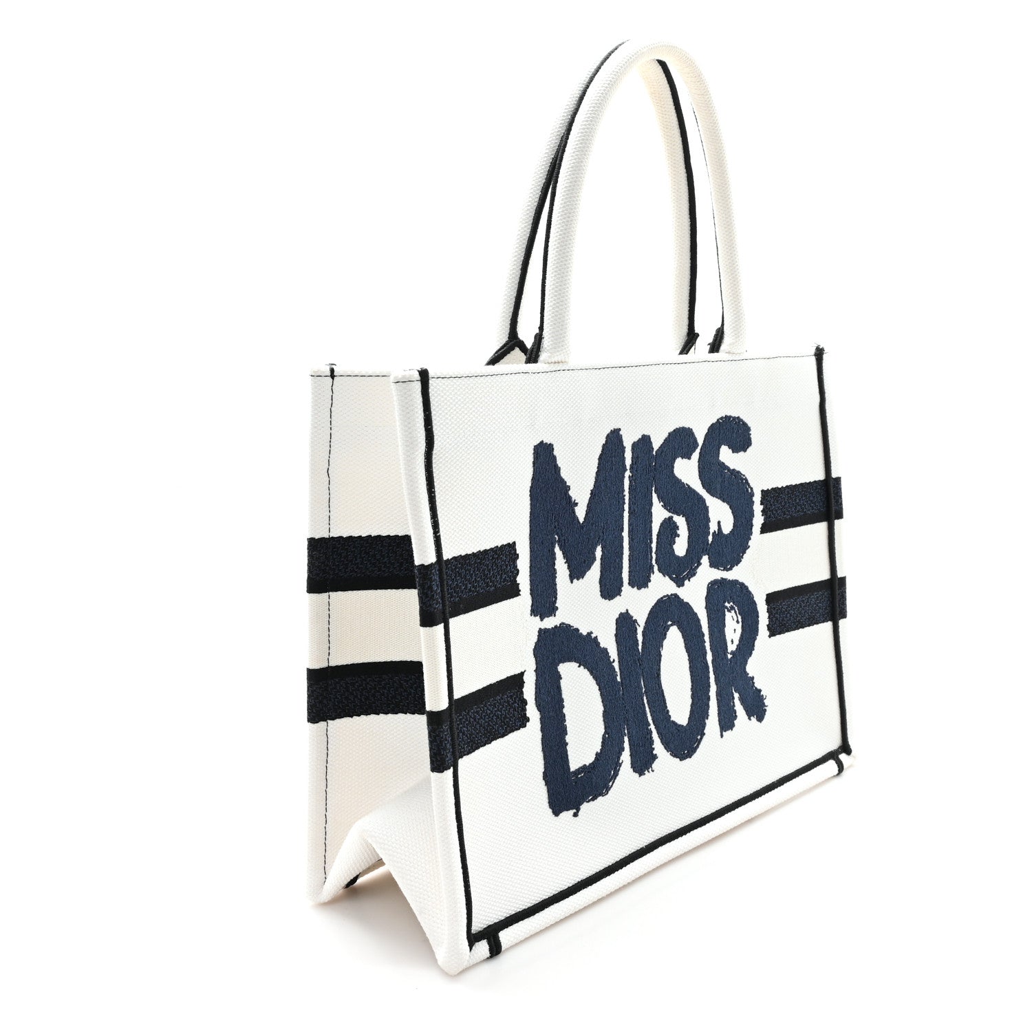Christian Dior Canvas Embroidered Medium Miss Dior Graffiti Book Tote Navy White
