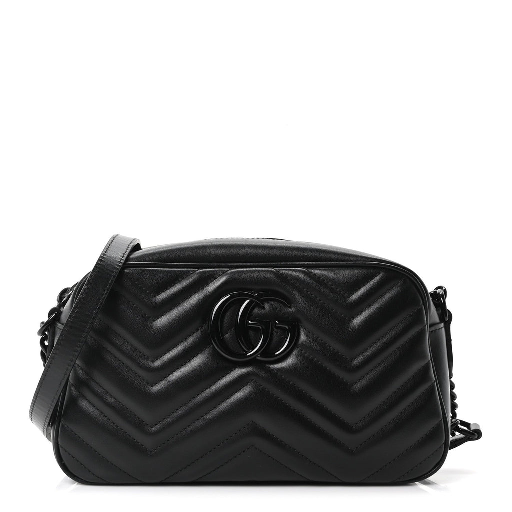 Gucci Calfskin Matelasse Monochrome Small GG Marmont Chain Shoulder Bag Black