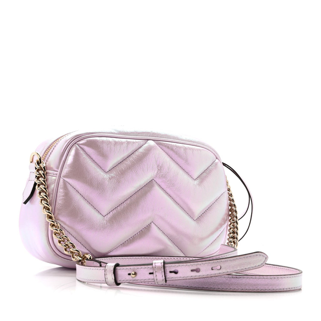 Gucci Iridescent Nappa Chevron Matelasse Small GG Marmont Chain Shoulder Bag Iridescent Escape Pink