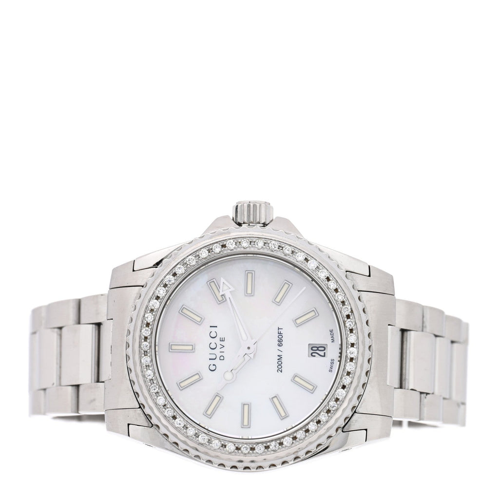 Gucci Stainless Steel Diamond Mother of Pearl 32mm Dive Quartz Watch