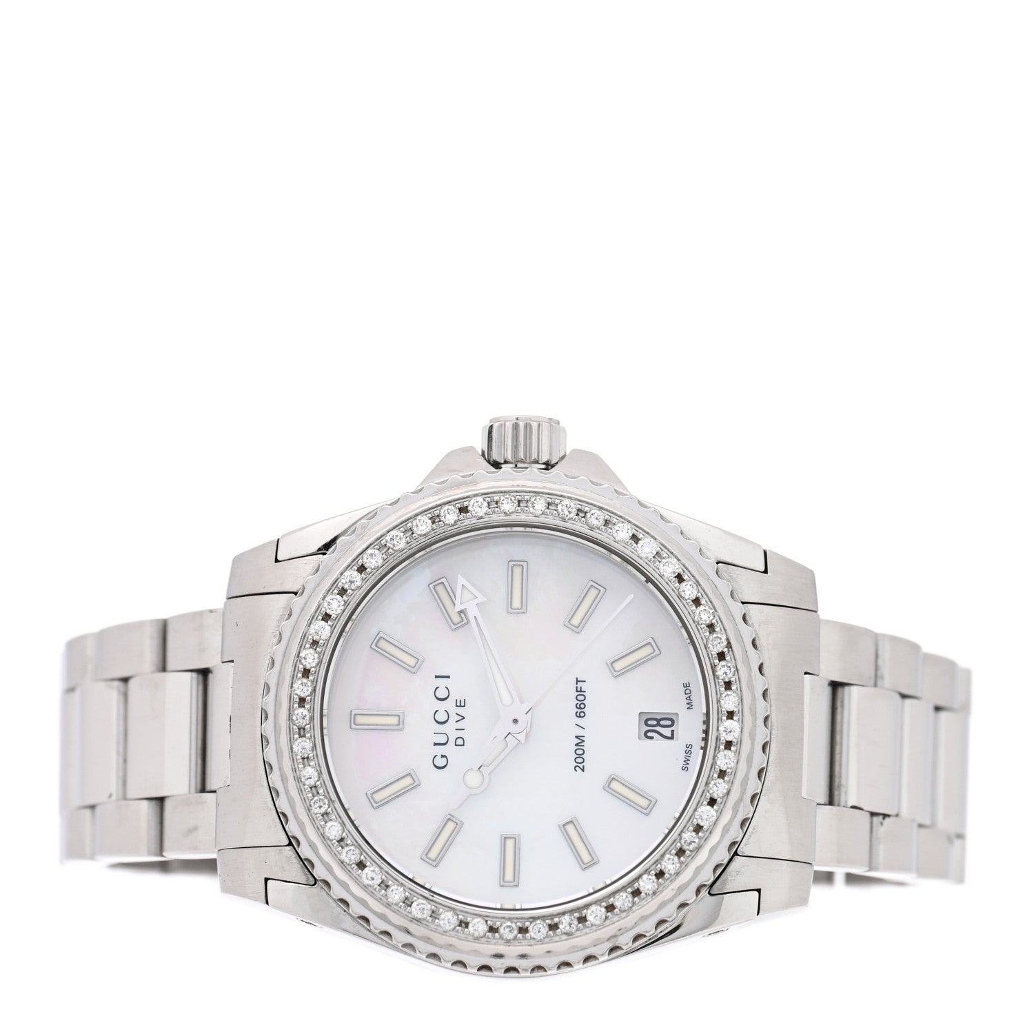 Gucci Stainless Steel Diamond Mother of Pearl 32mm Dive Quartz Watch