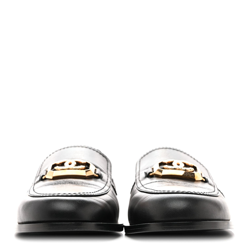 Chanel Shiny Calfskin Metal CC Mocassin Loafers 38.5 Black