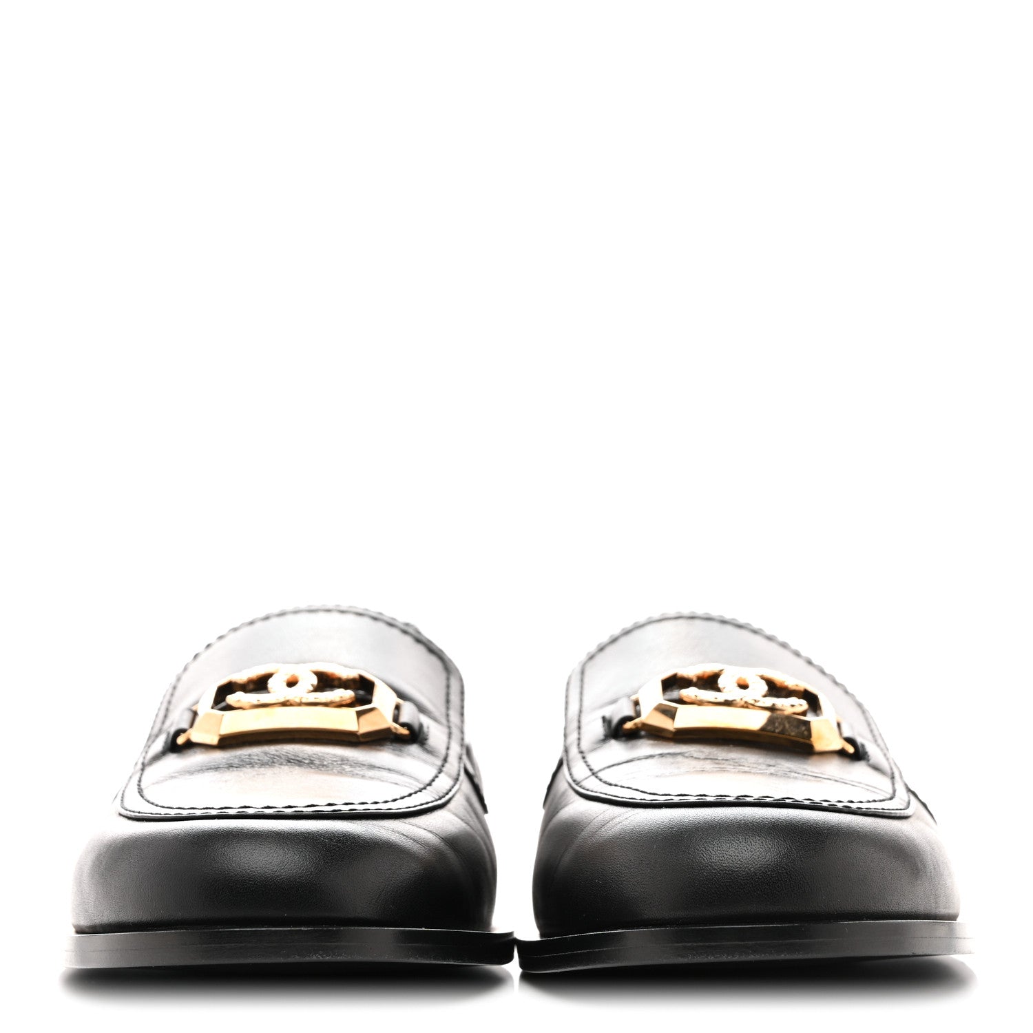 Chanel Shiny Calfskin Metal CC Mocassin Loafers 38.5 Black